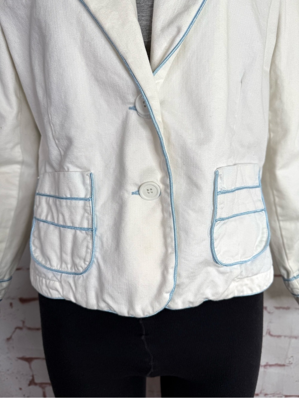 Y2K VINTAGE JUICY COUTURE JEANS White Twill Blue Piping Blazer Jacket Size XL - Picture 11 of 15